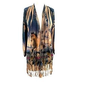 Fantazia Fringed Cardigan Women's M Colorful Horses Stretch USA Made Western 90s